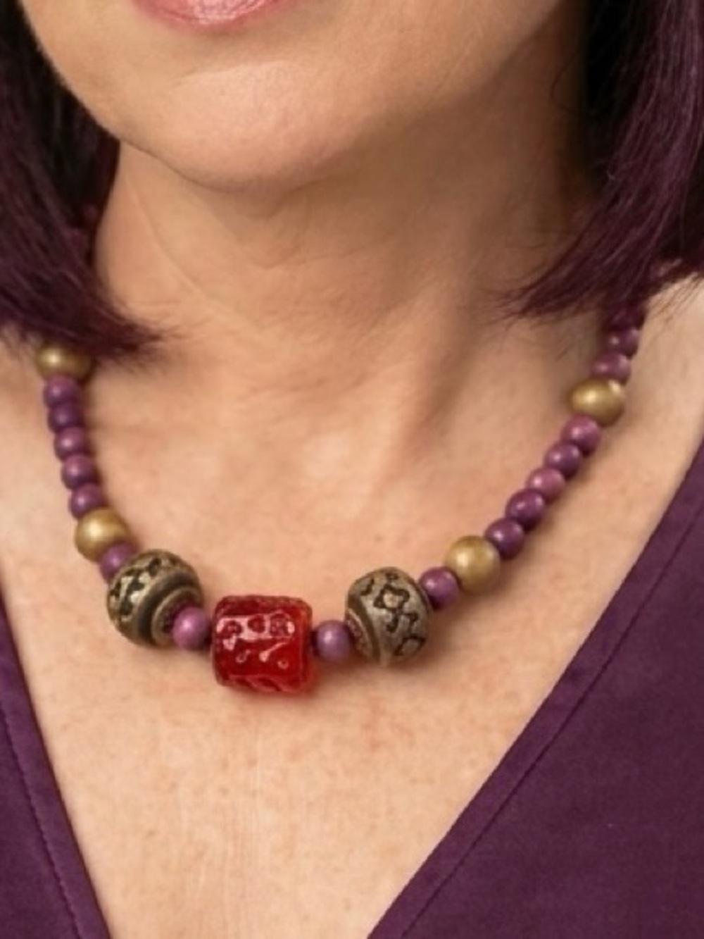 Decorative Beaded Necklace/Choker Purple and Burnished Gold Tones